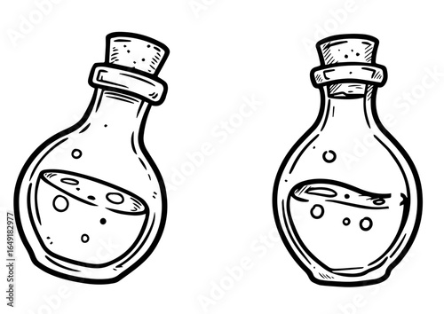Two hand-drawn glass bottles with liquid and cork stoppers  set