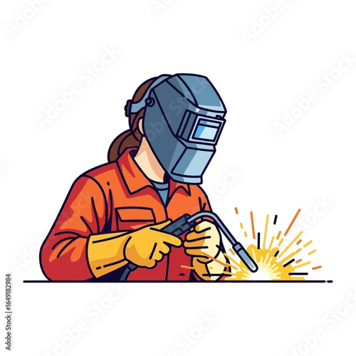 Artisan's Torch: A dedicated artisan in sturdy attire concentrates on her craft, the welding torch igniting a brilliant spark of light, demonstrating skill and commitment to the art of metalwork.