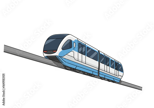 Modern Blue and White Monorail Train on Elevated Track.