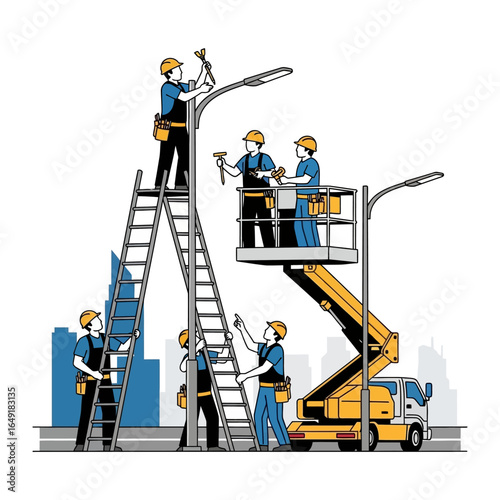 Streetlight Installation Team: A dedicated team of professionals collaborates to install streetlights in an urban environment. With precision and teamwork, they ensure a brighter, safer community.