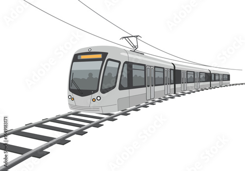 Modern Light Rail Train on Tracks with Overhead Power Lines.