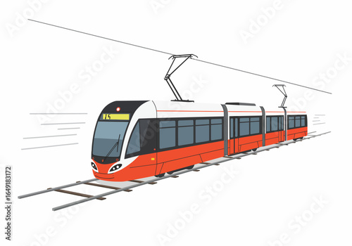 Modern Orange and White Tram on Tracks Overhead Power Lines.