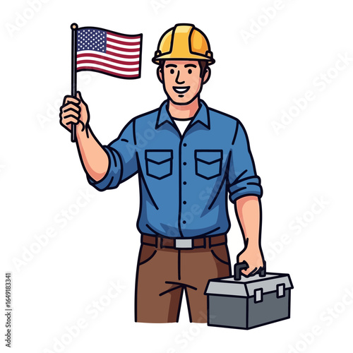 American Patriot Constructor: A proud constructor, embodying patriotism and service, stands tall holding the American flag and a toolbox. Emphasizing skill and unity.