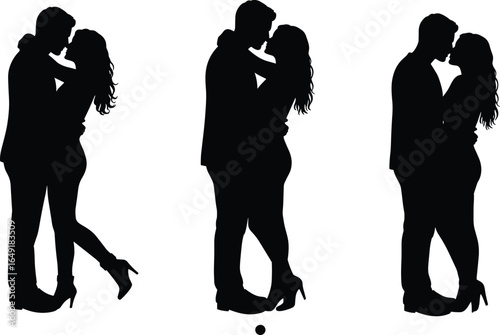 Romantic couple silhouette, lovers kissing, passionate embrace, love pose vector, relationship moment, intimate hug, black silhouette art, dating scene illustration