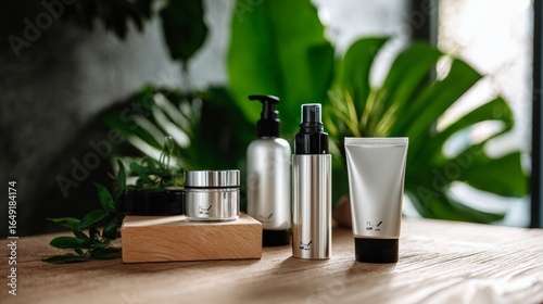 Natural skincare bottles and pump containers on wooden surface with green plants in spa wellness concept scene
