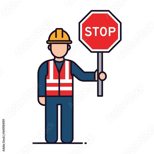 Cautionary Overseer: An illustrated safety worker, dressed in high-visibility attire, confidently holds up a bold red STOP sign, emphasizing the importance of safety and directing attention.