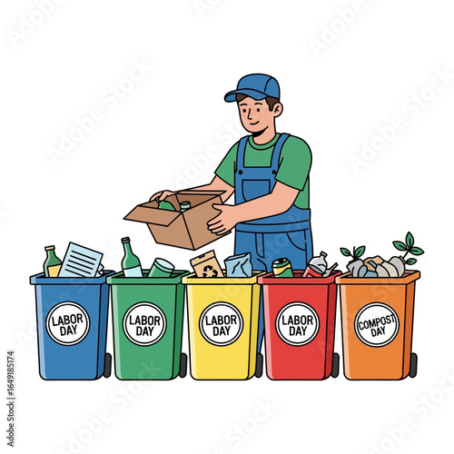 Sorting Day: In a vivid illustration, a dedicated waste collector sorts various recyclable materials into labeled bins, emphasizing environmental consciousness and proper waste management practices. 