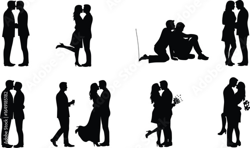 Romantic couple silhouettes, love scenes, kissing, hugging, sitting together, LGBT couples, flowers, emotions, relationship moments, Valentine, dating