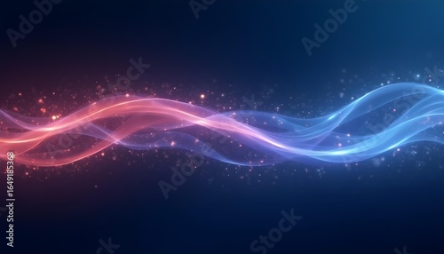Technology waves with flowing light trails and glowing dots, smooth gradient background .