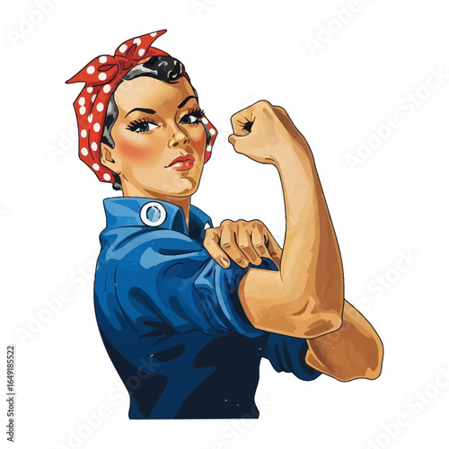 Rosie the Riveter: A powerful illustration of a woman flexing her bicep, embodying strength, determination, and the spirit of female empowerment, representing a symbol of resilience and dedication.