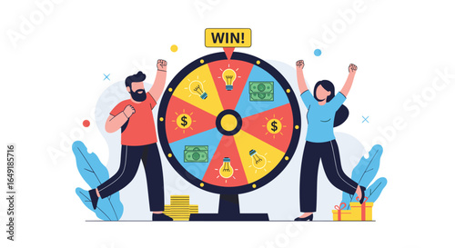 Excited people celebrating winning prize on a spinning wheel with money and ideas symbols during a fun game or lucky draw