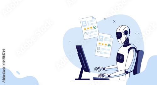 Ai robot analyzing resumes and evaluating candidate qualifications with computer technology