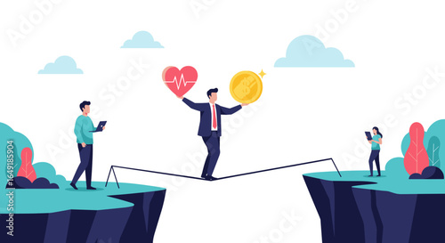 Balancing health and financial well-being on a precarious tightrope representing life's challenges