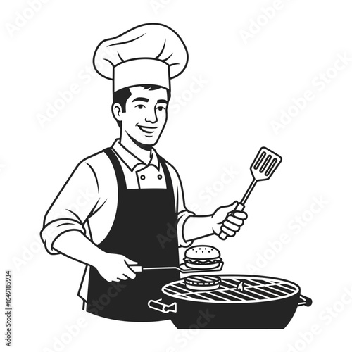 Chef's Culinary Creation: A skilled chef meticulously tends to a sizzling burger on a barbecue, skillfully wielding tools to create a culinary masterpiece.
