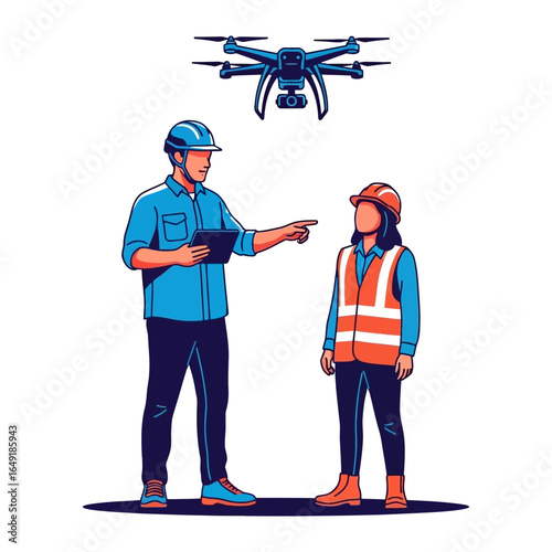 Drone Inspection: A vector illustration showing a male and female technician supervising a drone, representing innovation, safety, and efficiency.
