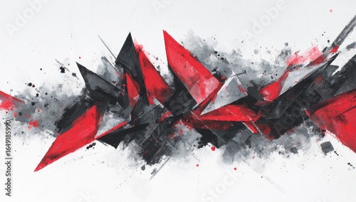 Abstract graphic design featuring a dynamic arrangement of  red, black, and gray triangular shapes, splashed with paint, on a white background
