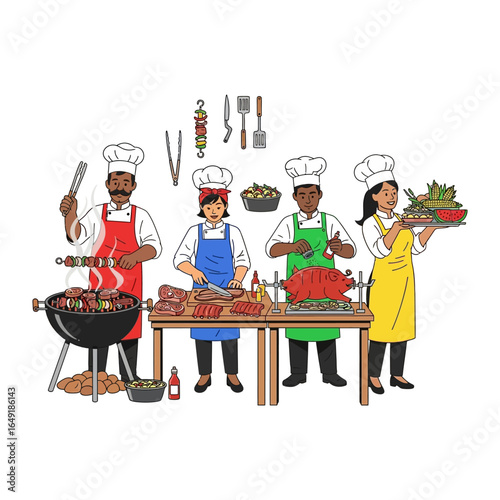 Culinary Collaboration: Diverse chefs orchestrate a vibrant barbecue feast, grilling, preparing, and presenting delectable dishes in a collaborative display of culinary excellence.