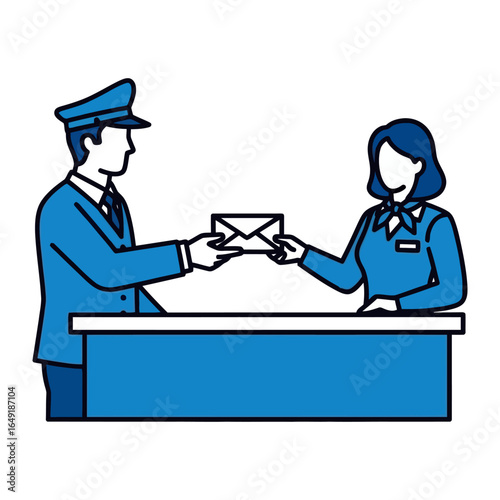 Delivering the Message: A mail carrier hands a sealed envelope to a postal worker, representing communication and services, emphasizing trust and reliability.