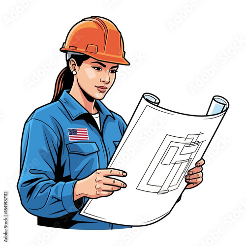 Dedicated Architect at Work: A determined female architect, adorned in a safety helmet, meticulously reviews architectural blueprints, embodying dedication, precision, and expertise in her field.