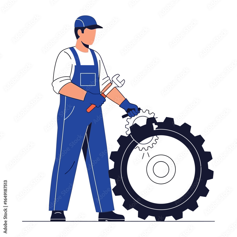 Obraz premium Mechanic in Action: A skilled mechanic diligently repairs a large gear, the illustration portraying precision and expertise in a blue-toned work setting.