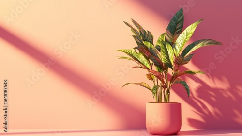 House plant in pink pot casting shadow on pastel wall for modern decor lifestyle design indoor product photography concept
