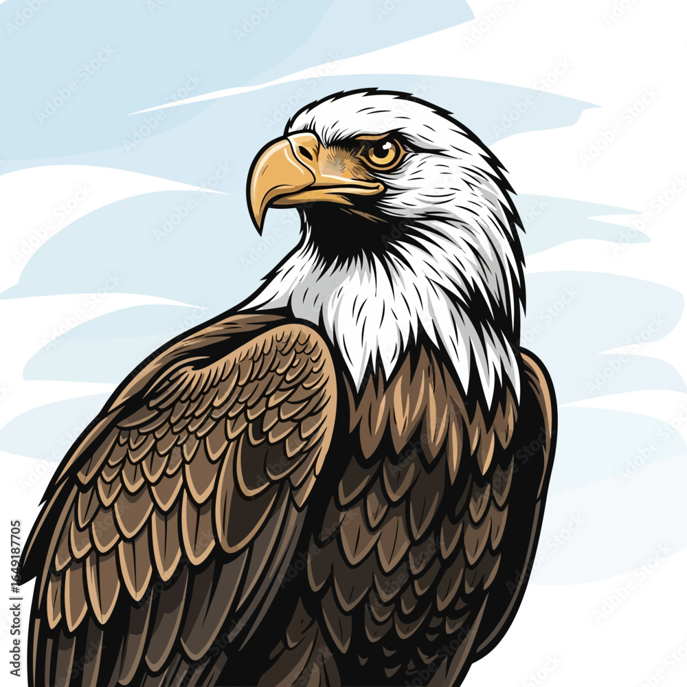 Fototapeta premium Majestic bald eagle illustration with detailed feathers and a determined gaze, set against a light blue sky.