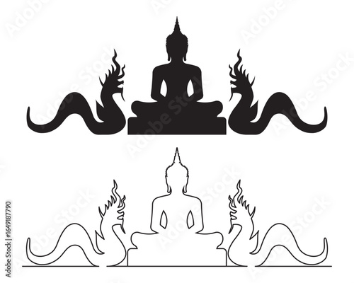 Line art Illustration vector of Buddhism with Gautama Buddha the founder of Buddhism with naga mythical or legendary creature drawing in black and white