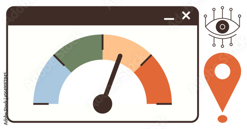 Gauge chart inside a browser window with pointer on color spectrum, eye tracking and geolocation icons. Ideal for analytics, performance, data monitoring, tracking, optimization, efficiency, simple