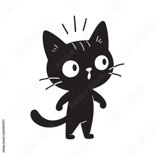  Silhouette illustration of a cartoon-style cat standing upright on its hind legs with a round head, pointed ears, and expressive eyes.