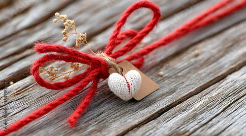 Decorative red twine bow with a small knitted heart and dried flowers on rustic wooden surface, symbolizing love and affection in a charming setting. Selective focus
