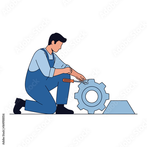 Engineer's meticulous Focus: A focused engineer, clad in work attire, meticulously adjusts the gears, demonstrating precision and skill in this technical illustration. 