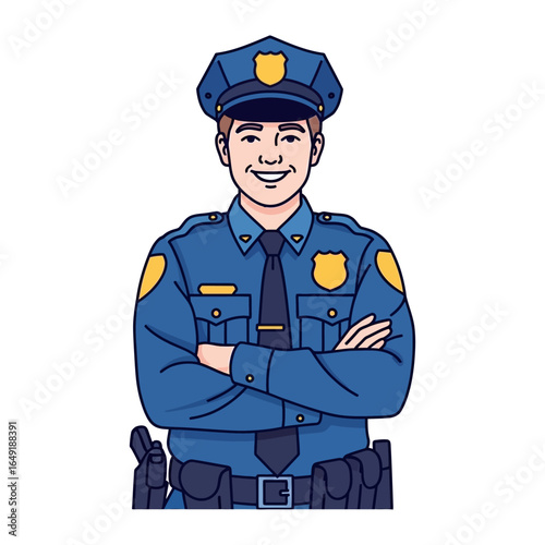 Empathetic Officer: A compassionate illustration depicts a friendly police officer, exuding approachability and trustworthiness. His warm smile reflects dedication to serve and protect the community.