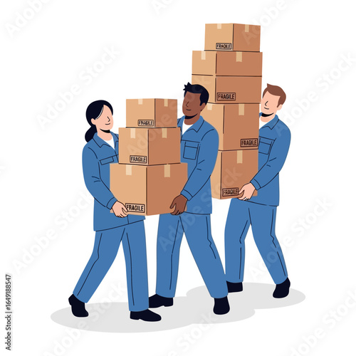 Moving Boxes: A team of workers carefully transports stacks of cardboard boxes, carrying the weight of numerous belongings with teamwork.