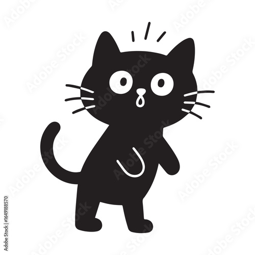  Silhouette illustration of a cartoon-style cat standing upright on its hind legs with a round head, pointed ears, and expressive eyes.