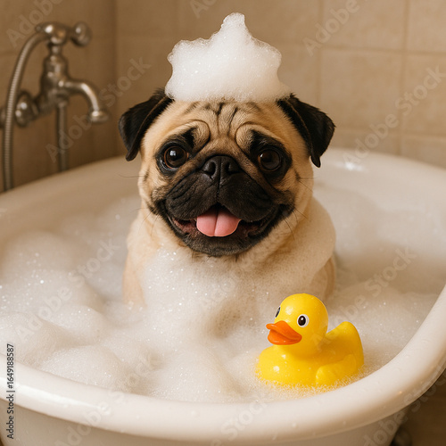 Mops in der Badewanne mit Schaumkrone und Quietscheente