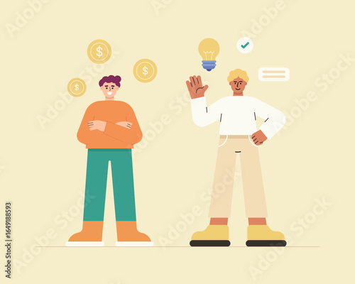 Flat style illustration of Business entrepreneur make strategy for product and funding. Business idea concept. Vector flat cartoon style.