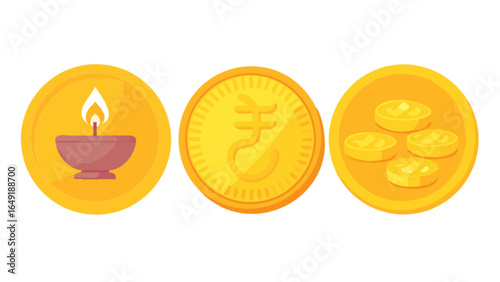 Diwali dhanteras gold coins with diya and rupee symbol for hindu festival celebration and wealth prosperity