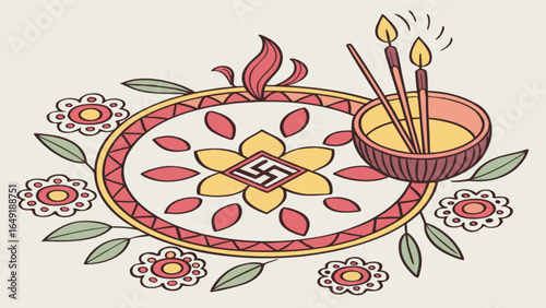 Hindu swastika symbol rangoli diwali celebration with candles and flowers traditional art design vector