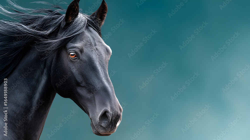 Fototapeta premium Majestic black horse with flowing mane stands gracefully against a soft gradient background, showcasing its beauty and elegance in a serene atmosphere. Selective focus