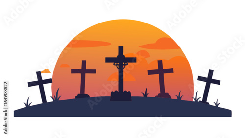 Cemetery illustration with crosses and sunset vector design for halloween and day of the dead celebration