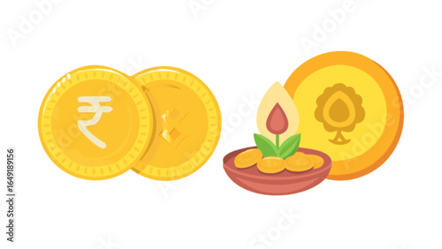 Indian rupee coins and diya lamp for diwali festival celebration vector illustration finance and culture