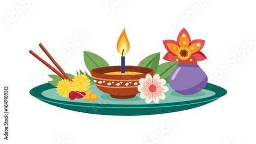 Diwali celebration hindu festival of lights diya flowers puja thali religious ceremony tradition culture 100