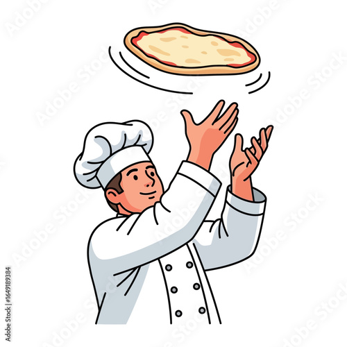 Culinary Acrobatics: A chef expertly tosses a pizza dough, showcasing skill and creativity in food preparation.