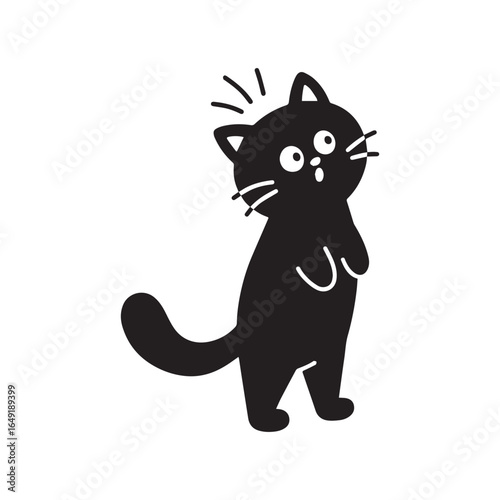  Silhouette illustration of a cartoon-style cat standing upright on its hind legs with a round head, pointed ears, and expressive eyes.