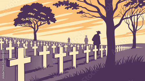 Memorial day remembrance cemetery visit with graves and trees in a peaceful and somber setting scene