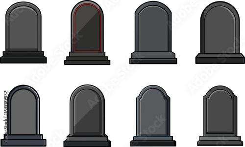 Collection of eight various gray gravestones or tombstones arranged in two rows