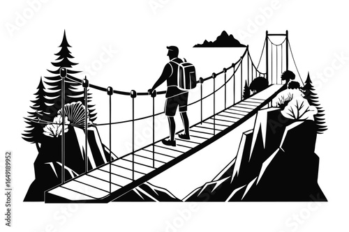 Black and white vector image of hiker crossing suspension bridge scenery