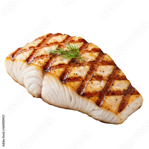 A perfectly grilled grouper fillet, golden-brown with distinct grill marks and a fresh herb sprig, isolated on a seamless transparent background, professional food photography concept