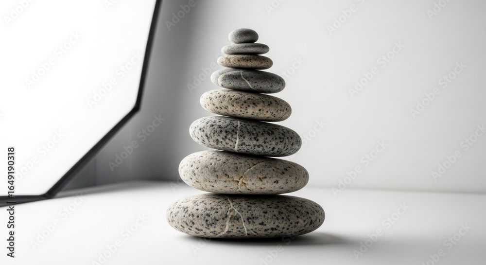 Obraz premium Balanced stack of smooth rocks, lit softly, against plain white background