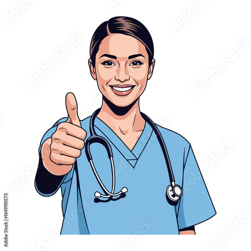 Nurse's Affirmation: A compassionate nurse, adorned in scrubs and stethoscope, offers a reassuring thumbs-up, embodying health, assurance, and well-being in a digital drawing.